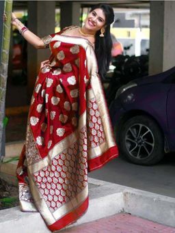 Lush Glam - Red Zari Poly Silk Border Saree with Unstitched Blouse