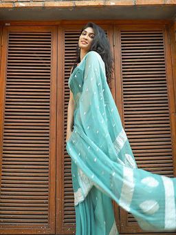 Lush Glam - Blue Zari Poly Silk Border Saree with Unstitched Blouse