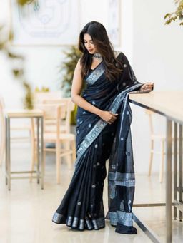 Lush Glam - Black Zari Poly Silk Border Saree with Unstitched Blouse