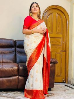 Lush Glam - Cream Zari Poly Silk Border Saree with Unstitched Blouse