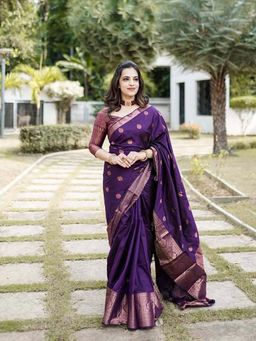 Lush Glam - Purple Zari Poly Silk Border Saree with Unstitched Blouse