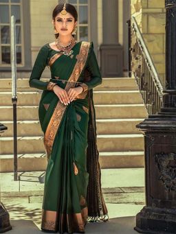 Lush Glam - Green Zari Poly Silk Border Saree with Unstitched Blouse