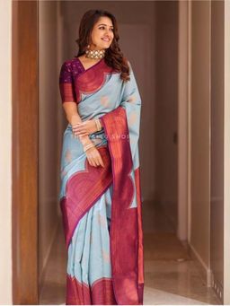 Lush Glam - Blue Zari Poly Silk Border Saree with Unstitched Blouse