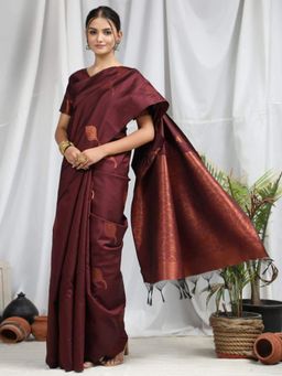 Lush Glam - Brown Poly Silk Border Saree with Unstitched Blouse