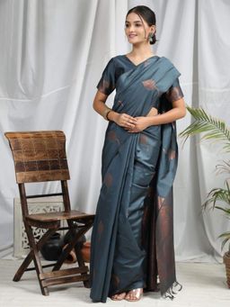 Lush Glam - Grey Poly Silk Border Saree with Unstitched Blouse