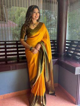 Lush Glam - Yellow Poly Silk Border Saree with Unstitched Blouse