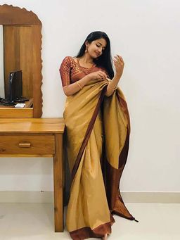 Lush Glam - Beige Poly Silk Border Saree with Unstitched Blouse