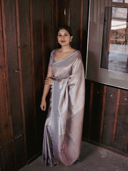 Lush Glam - Grey Poly Silk Border Saree with Unstitched Blouse