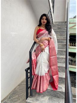 Lush Glam - White Zari Poly Silk Border Saree with Unstitched Blouse