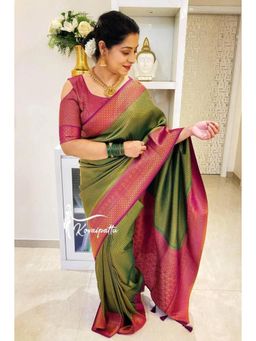 Lush Glam - Green Zari Poly Silk Border Saree with Unstitched Blouse