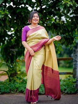 Lush Glam - Cream Woven Poly Silk Border Saree with Unstitched Blouse
