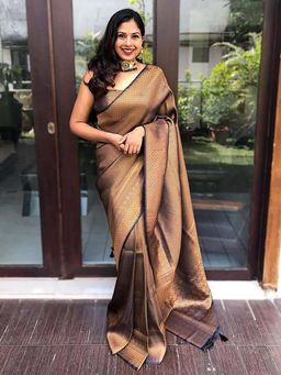 Lush Glam - Brown Zari Poly Silk Border Saree with Unstitched Blouse