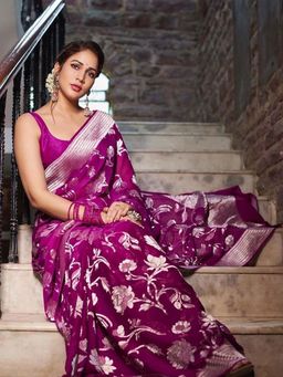 Lush Glam - Magenta Zari Poly Silk Border Saree with Unstitched Blouse