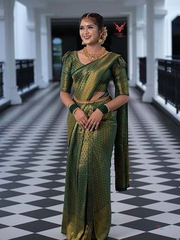Lush Glam - Green Zari Poly Silk Border Saree with Unstitched Blouse