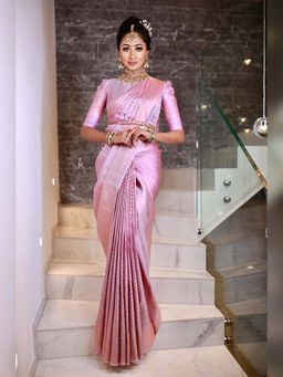 Lush Glam - Pink Zari Poly Silk Border Saree with Unstitched Blouse