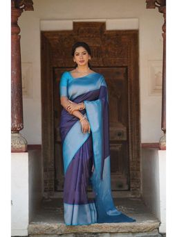 Lush Glam - Blue Woven Poly Silk Border Saree with Unstitched Blouse