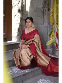 Lush Glam - Cream Poly Silk Border Saree with Unstitched Blouse