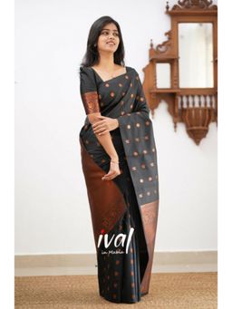 Lush Glam - Black Zari Poly Silk Saree with Unstitched Blouse