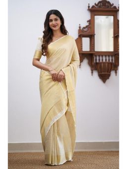 Lush Glam - Cream Zari Poly Silk Border Saree with Unstitched Blouse