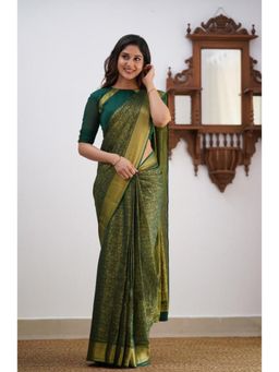 Lush Glam - Green Zari Poly Silk Border Saree with Unstitched Blouse