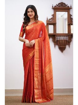 Lush Glam - Orange Zari Poly Silk Border Saree with Unstitched Blouse
