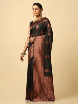 Lush Glam - Black Zari Poly Silk Border Saree with Unstitched Blouse