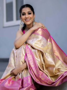 Lush Glam - Cream Zari Poly Silk Border Saree with Unstitched Blouse