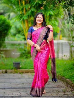 Lush Glam - Pink Zari Poly Silk Border Saree with Unstitched Blouse