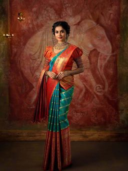 Lush Glam - Orange Zari Poly Silk Border Saree with Unstitched Blouse