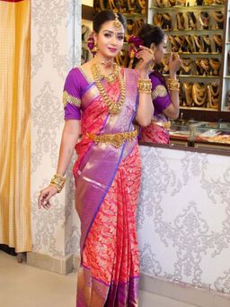 Lush Glam - Pink Zari Poly Silk Border Saree with Unstitched Blouse