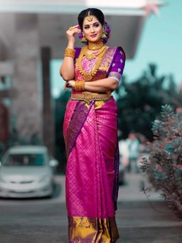 Lush Glam - Magenta Zari Poly Silk Border Saree with Unstitched Blouse