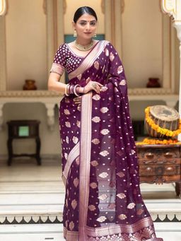 Lush Glam - Purple Poly Silk Border Saree with Unstitched Blouse