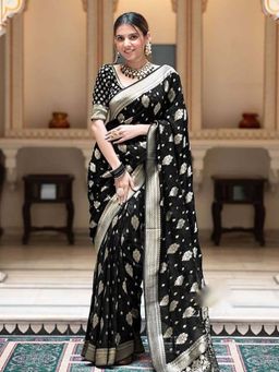 Lush Glam - Black Poly Silk Border Saree with Unstitched Blouse