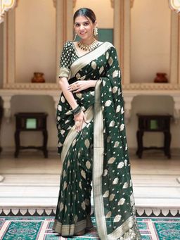 Lush Glam - Green Poly Silk Border Saree with Unstitched Blouse