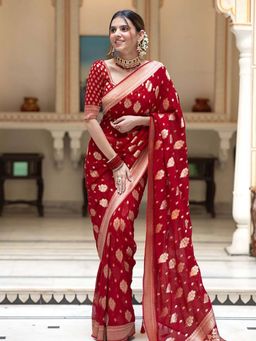 Lush Glam - Red Poly Silk Border Saree with Unstitched Blouse