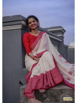 Lush Glam - White Poly Silk Border Saree with Unstitched Blouse
