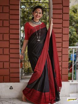 Lush Glam - Black Poly Silk Border Saree with Unstitched Blouse