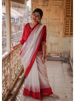 Lush Glam - White Solid Poly Silk Border Saree with Unstitched Blouse