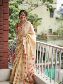 Lush Glam - Cream Zari Poly Silk Border Saree with Unstitched Blouse