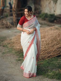 Lush Glam - White Zari Poly Silk Border Saree with Unstitched Blouse