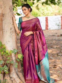 Lush Glam - Purple Zari Poly Silk Border Saree with Unstitched Blouse