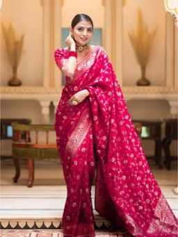 Lush Glam - Pink Zari Poly Silk Border Saree with Unstitched Blouse