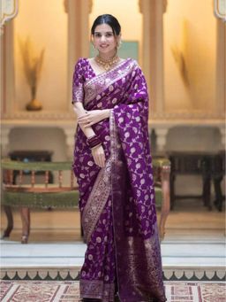 Lush Glam - Purple Zari Poly Silk Border Saree with Unstitched Blouse