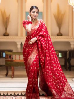 Lush Glam - Red Zari Poly Silk Border Saree with Unstitched Blouse