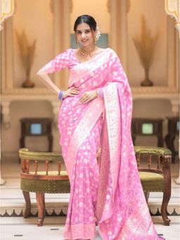 Lush Glam - Pink Zari Poly Silk Border Saree with Unstitched Blouse