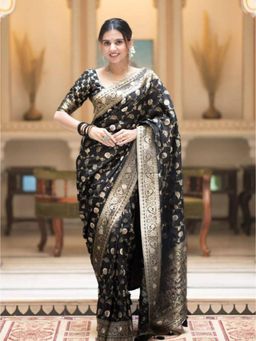 Lush Glam - Black Zari Poly Silk Border Saree with Unstitched Blouse