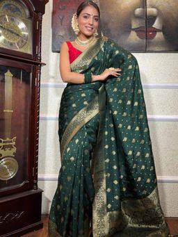 Lush Glam - Green Poly Silk Border Saree with Unstitched Blouse