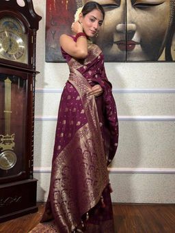 Lush Glam - Burgundy Poly Silk Border Saree with Unstitched Blouse