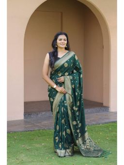 Lush Glam - Green Poly Silk Border Saree with Unstitched Blouse