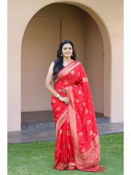 Lush Glam - Red Poly Silk Border Saree with Unstitched Blouse